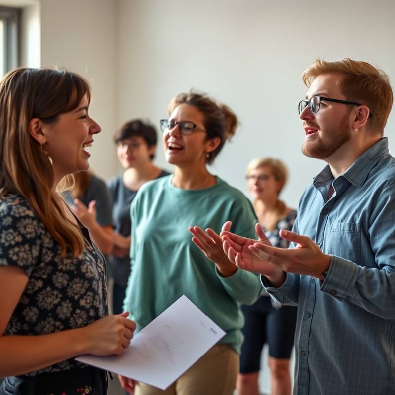 Deelnemers aan een zangworkshop die actief meedoen aan een oefening