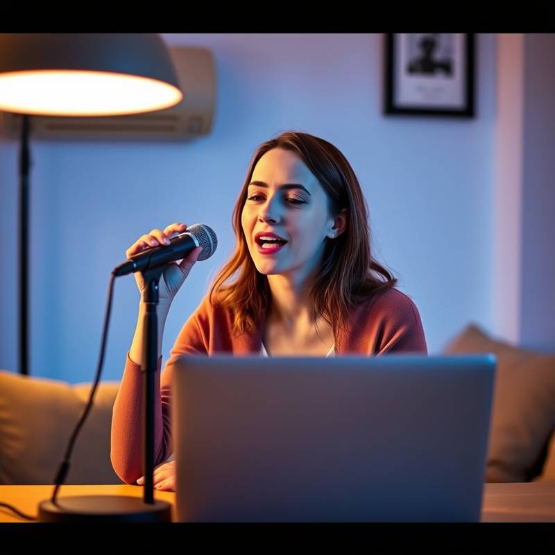 Iemand die een online zangles volgt via een laptop